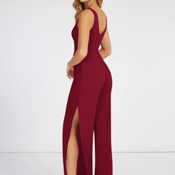 Azazie Ida Burgundy Pleated Stretch Chiffon Jumpsuit Custom Size - Brand New 16 - Picture 2 of 4